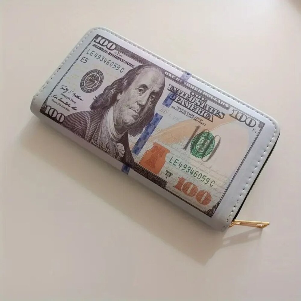 Money Print Wallet $100 Bill Zip Around Clutch Card Organizer Unisex - Picture 6 of 7